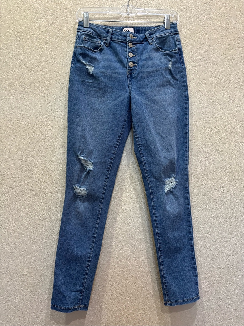 SO Brand High Rise Button Fly Distressed Skinny Jeans Med Wash Sz 16 Juniors